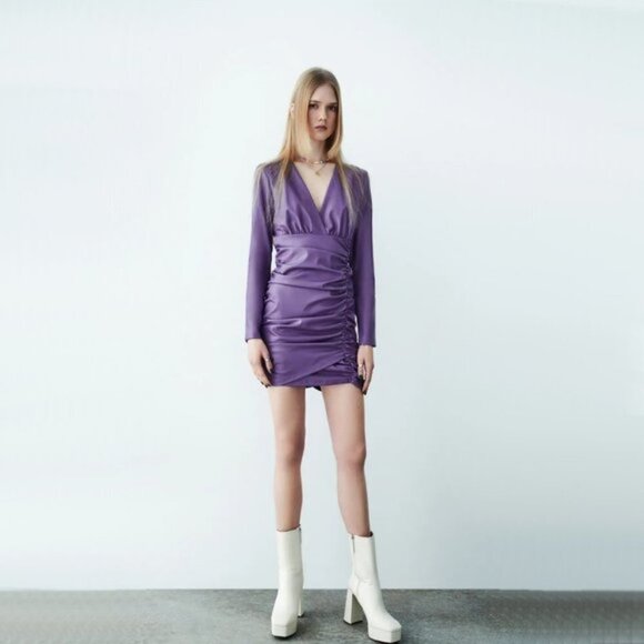 NWT Zara purple faux leather draped mini dress, M - Picture 3 of 11
